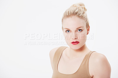 Buy stock photo Beauty, makeup and portrait of woman in studio with self care, cosmetic and face routine with red lipstick. Beautiful, glow and female person with facial cosmetology isolated by white background.