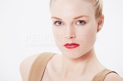 Buy stock photo Portrait, skincare and woman in red lipstick, makeup and cosmetics in studio isolated on a white background. Serious face, model and beauty facial treatment for wellness, dermatology and healthy glow