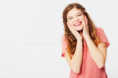 Buy stock photo Happy, smile and portrait of woman in studio with mockup space for advertising or marketing. Happiness, surprise and female model from Australia with omg face expression isolated by white background.