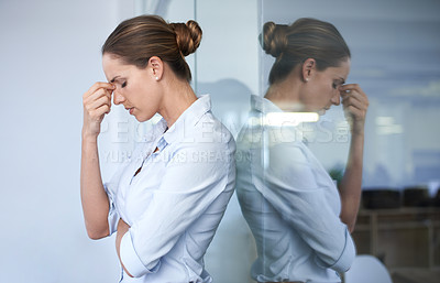Buy stock photo Depression, headache and professional woman sad, tired and stress over company mistake, disaster or fail. Mental health risk, window reflection and administration worker overwhelmed with anxiety