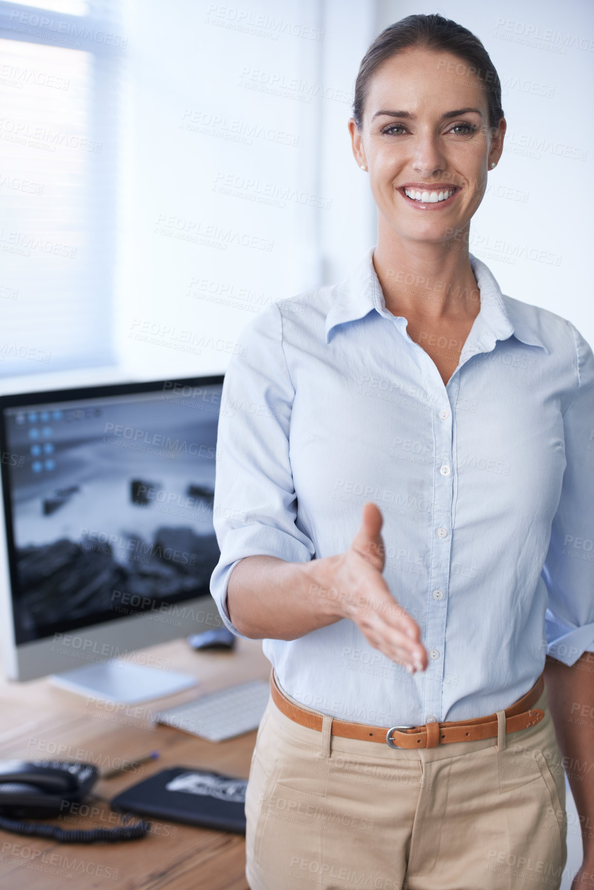 Buy stock photo Handshake, offer and portrait of happy business woman, recruitment manager and consultant in France. Person in human resources shaking hands, welcome and thank you for introduction, deal and trust