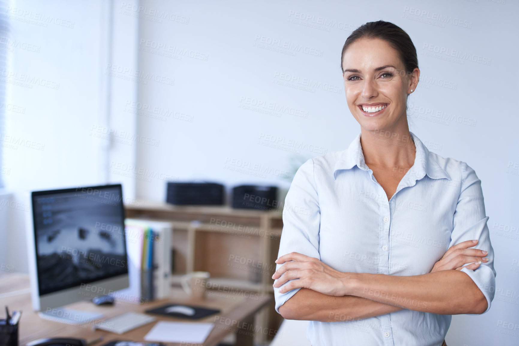 Buy stock photo Portrait of happy business woman with arms crossed, confidence and career in accounting office. Financial advisor, professional female accountant or finance project manager at desk with smile on face