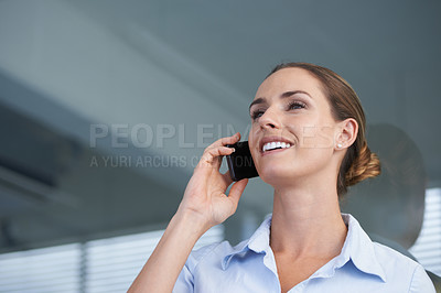 Buy stock photo Business, woman and face or smile with phone call for communication, networking or conversation at company. Entrepreneur, person and smartphone or technology with happy discussion or advice at office