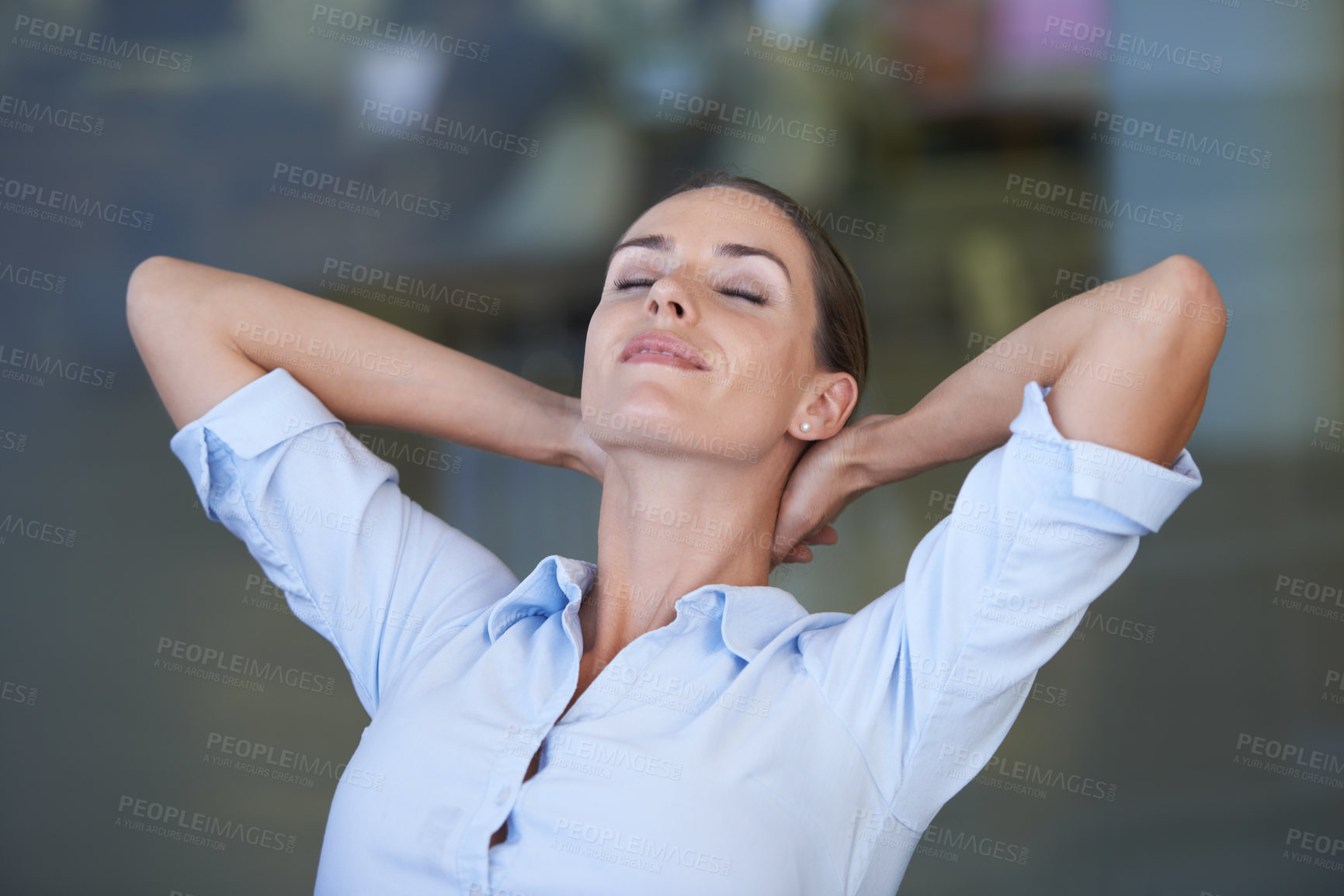 Buy stock photo Woman, office and relaxing at work, eyes closed and hands on head for resting, satisfied and female person. Businesswoman, smiling and entrepreneur for job, workplace and done with company projects