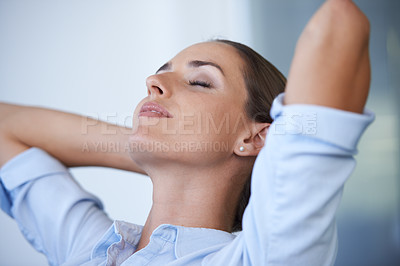 Buy stock photo Woman, office and resting for work, eyes closed and hands on head for relaxing, satisfied and female person. Businesswoman, smiling and person for job, workplace and done with company projects