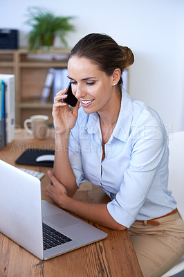 Buy stock photo Phone call, happy woman and laptop in office for planning, consulting and communication. Female worker talking on smartphone at computer for networking, business administration and online management