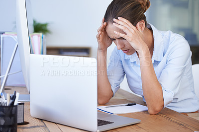 Buy stock photo Business woman, laptop problem and headache in office for anxiety, crisis and 404 glitch. Stress, burnout and frustrated female employee worried at computer for mistake, online fail and tech disaster