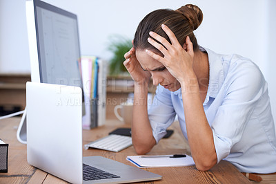 Buy stock photo Headache, laptop problem and confused woman in office for anxiety, tax crisis and 404 pc glitch. Stress, burnout and frustrated female employee worried at computer for mistake, fail and tech disaster