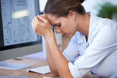 Buy stock photo Business woman, computer and stress for bankruptcy risk, stock market crash or financial crisis. Worried female worker with anxiety, debt and headache for poor economy, problem and depression at desk