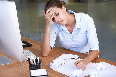 Buy stock photo Documents, headache and business woman tired, overworked or stress over office mistake, disaster or bad financial results. Paperwork, frustrated and administration agent overwhelmed with bank problem