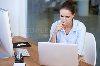 Buy stock photo Confused, business woman and thinking at laptop for decision, choice of solution and problem solving. Serious female worker at computer for planning, doubt of ideas and questions for online analysis