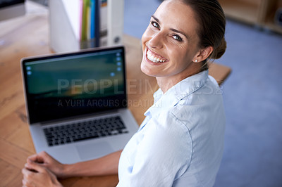 Buy stock photo Businesswoman, portrait and office with laptop, happiness and financial consultant. Accountant, online and ready in workplace for feedback, professional and female person on corporate worker