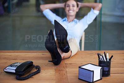 Buy stock photo Woman, shoes and relax on table in office for smile, pride or done with goal, relief or portrait at finance agency. Business person, employee or happy for feet on desk, finished or achievement at job