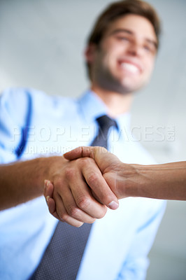 Buy stock photo Closeup, handshake and deal of business people, teamwork and thank you in agreement of partnership. Hiring, networking and shaking hands in collaboration, welcome and support of promotion opportunity