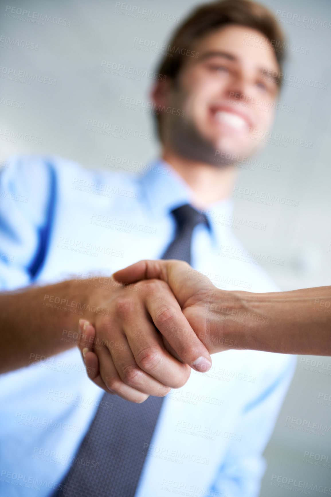 Buy stock photo Closeup, handshake and deal of business people, teamwork and thank you in agreement of partnership. Hiring, networking and shaking hands in collaboration, welcome and support of promotion opportunity