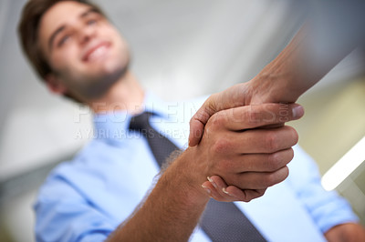 Buy stock photo Closeup of people, handshake and business deal for teamwork, thank you and sales agreement of partnership. Hiring, networking and man shaking hands in collaboration, welcome and consulting of success