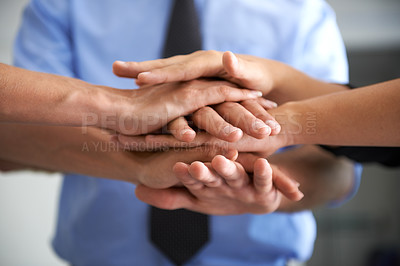 Buy stock photo Teamwork, closeup and hands stack of people in motivation, support and winner success, partnership or about us. Hand huddle, group or cooperation of mission, business deal or integration celebration