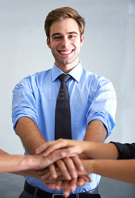 Buy stock photo Portrait, happy business man and team building huddle, support and target of success, agreement and trust. Businessman, stack hands and cooperation of collaboration, teamwork and partnership goals