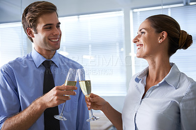 Buy stock photo Business people, cheers and wine drinks for office celebration, staff party and event. Happy man, woman and employees toasting champagne, drinking alcohol and glass to celebrate winning teamwork deal