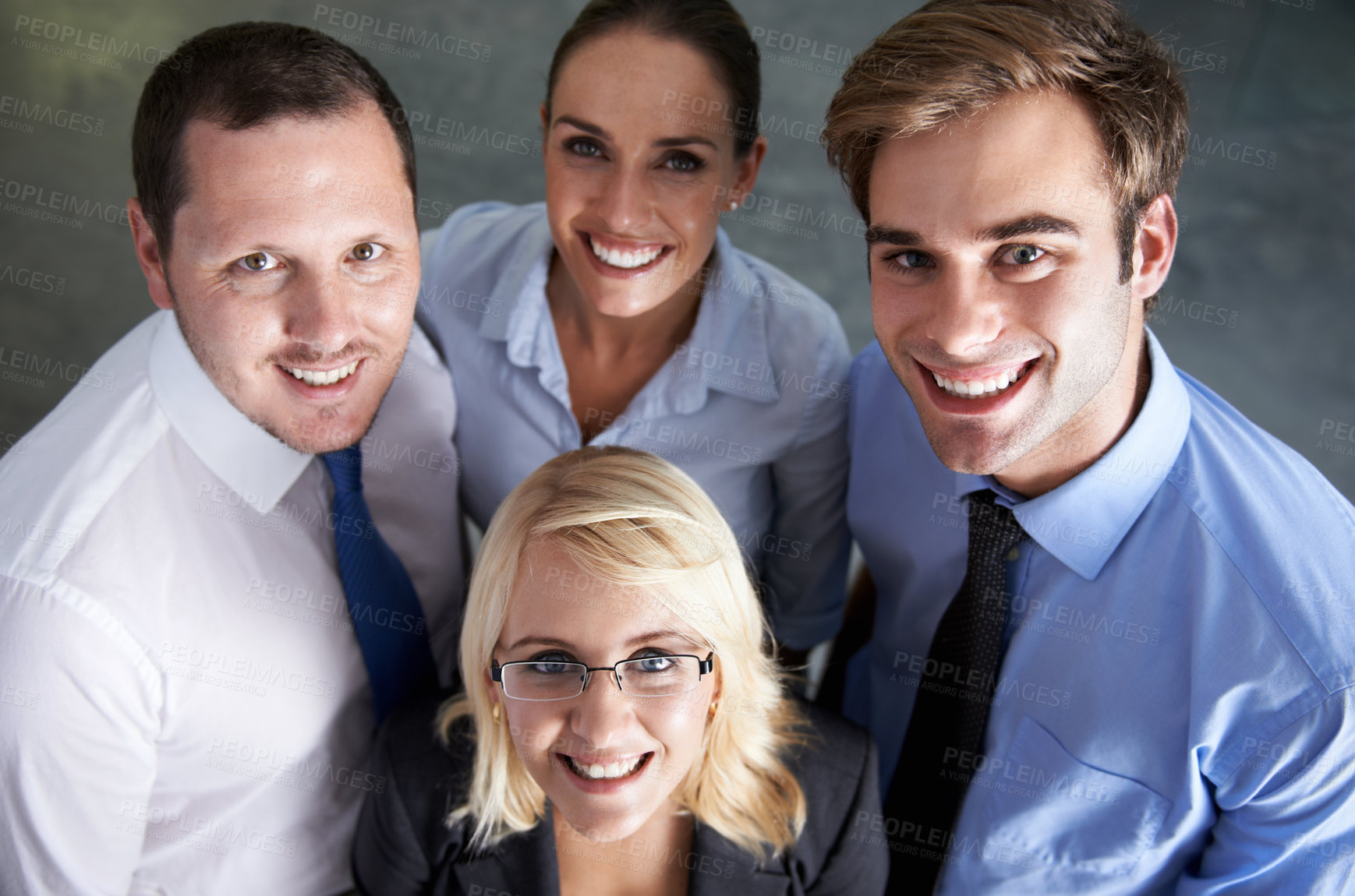 Buy stock photo Portrait, happy teamwork and corporate people in collaboration, business support and motivation together. Face, smile and group of confident employees, professional partnership and pride in company