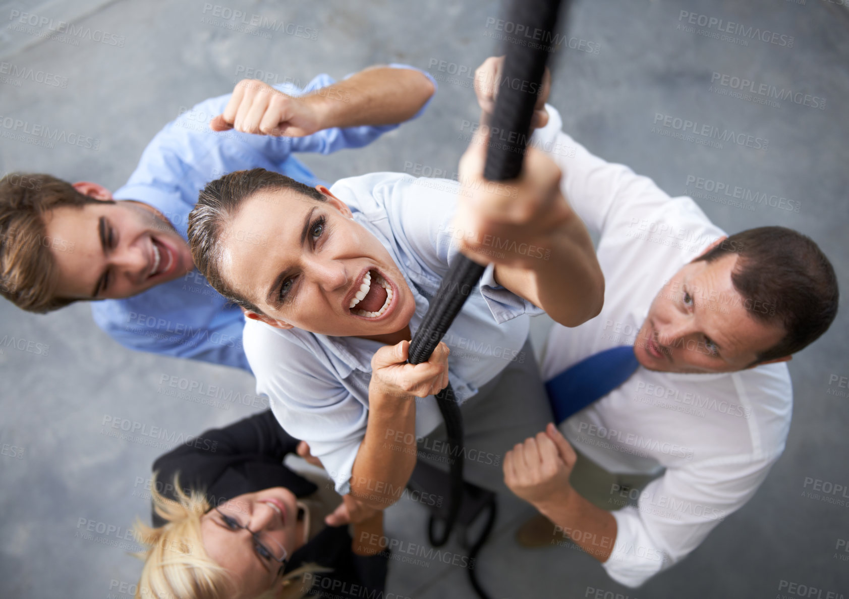 Buy stock photo Office, people and woman climbing rope with effort, motivation and staff trust in team member for agency growth. Community, top view and professional person with determination, support and commitment