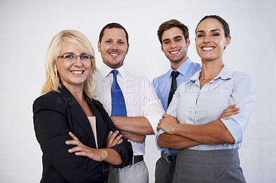 Buy stock photo Portrait, happy people and team with arms crossed in white background, isolated studio and professional collaboration. Group of business employees smile for corporate teamwork, pride and confidence