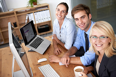 Buy stock photo Portrait, teamwork and happy business people working at desk, computer and planning for collaboration in office. Employees, desktop and smile in company for professional management, project and pride