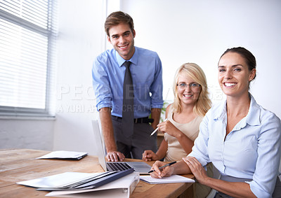 Buy stock photo Business people, happy portrait and teamwork for meeting, planning paperwork and brainstorming in office together. Group of employees, collaboration and strategy for management, project and analysis