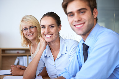 Buy stock photo Happy, teamwork or portrait of professional people, administration or workforce for company services. Happiness, confident or corporate group with business experience, pride and smile for office work