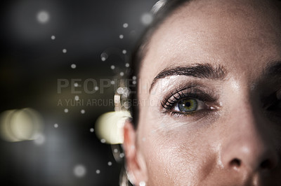Buy stock photo Eyes, mockup face and portrait of woman for vision, sight and ophthalmology support for closeup anatomy. Contact lens, ocular optometry and person for biometric facial recognition with bokeh