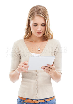 Buy stock photo Woman, app reading and tablet in studio with social networking, online blog and tech with white background. News, email and digital scroll with information for web search, media and internet article