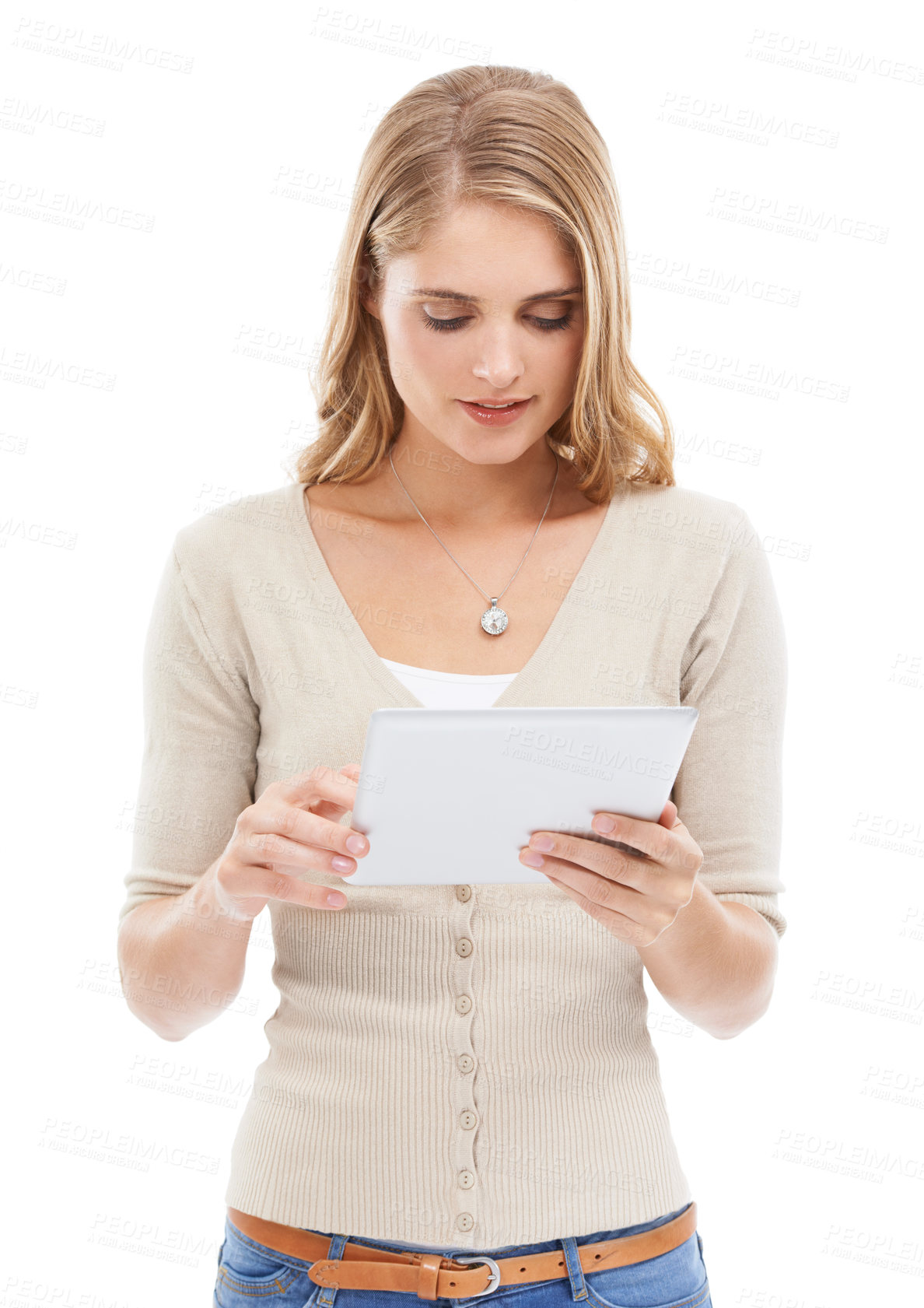 Buy stock photo Woman, app reading and tablet in studio with social networking, online blog and tech with white background. News, email and digital scroll with information for web search, media and internet article