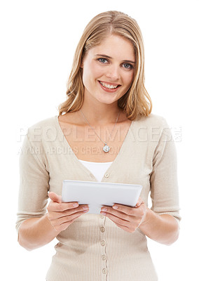 Buy stock photo Woman, portrait and tablet in studio with social networking, online blog and app with white background. News, smile and digital scroll with information for web search, media and internet article