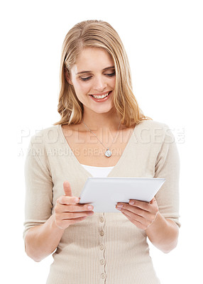 Buy stock photo Happy woman, reading and tablet in studio with social networking, online blog and app with white background. News, email and digital scroll with information for web search, media and internet article