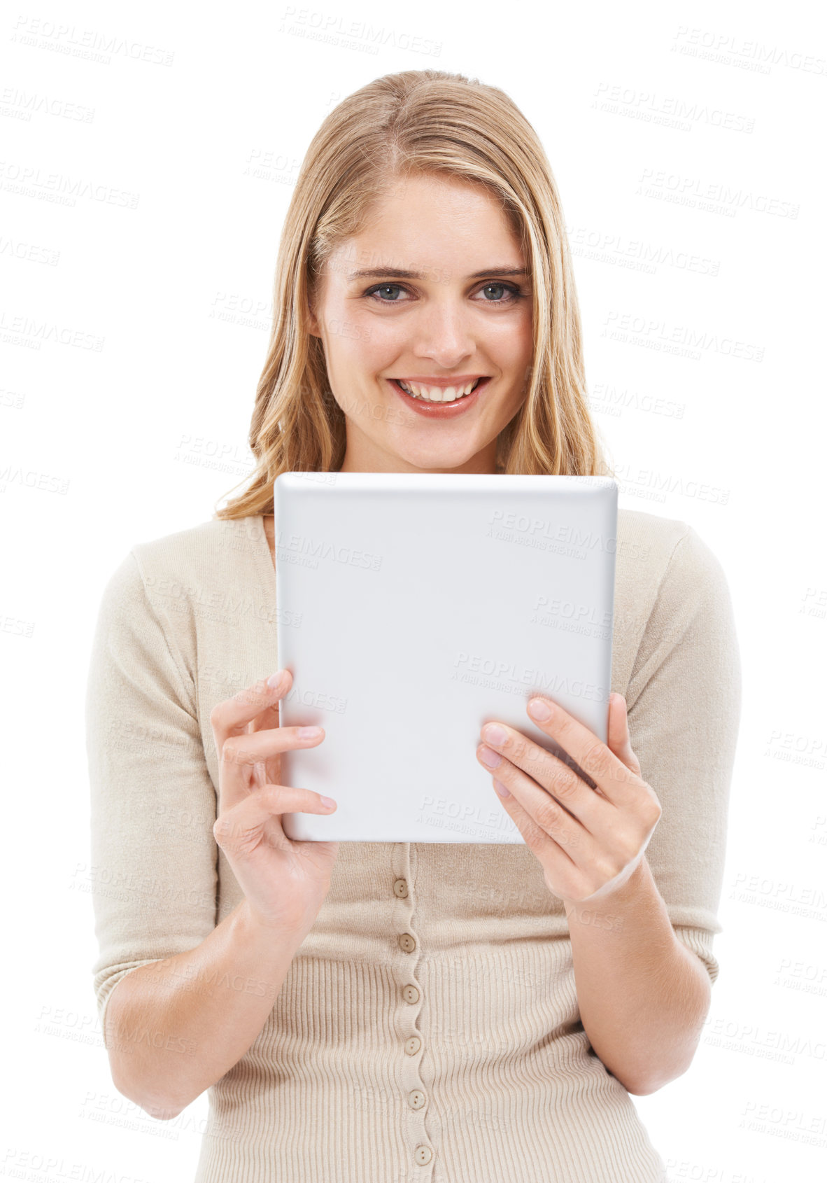 Buy stock photo Woman, portrait and smile with tablet in studio to scroll website, update social media post and search blog on white background. Happy model, digital technology and online shopping to download ebook 