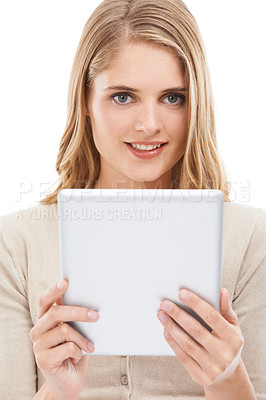 Buy stock photo Woman, portrait and smile with tablet in studio for online shopping, download ebook subscription or update social media post on white background. Happy model, digital tech or scroll internet for blog