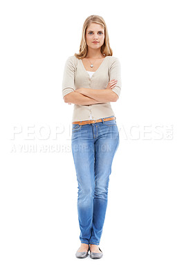 Buy stock photo Portrait, mockup space and woman with arms crossed, fashion and confident girl isolated on a white studio background. Person, promotion and serious face with jeans, stylish outfit and trendy clothes