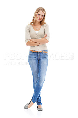 Buy stock photo Portrait, smile and woman with her arms crossed, mockup space and fashion isolated on white studio background. Person, happy girl or model with confidence, jeans or stylish clothes with trendy outfit