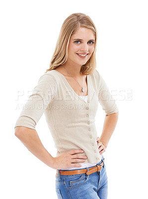 Buy stock photo Portrait, fashion or woman with mockup space, funny or trendy isolated on white studio background. Person, happy girl or model with confidence, silly or hands on her hips with casual outfit or style