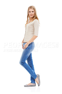 Buy stock photo Woman, portrait and confident with fashion in studio with calm expression, positivity and happy. Model, person and satisfaction with casual outfit, trendy clothes or mock up space on white background