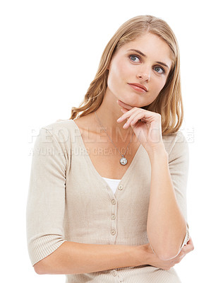 Buy stock photo Woman, thinking and ideas in studio for planning insight, future decision and daydream of choice on white background. Curious model brainstorming solution, remember memory or inspiration of questions