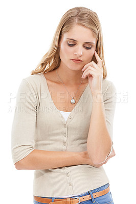 Buy stock photo Thinking, ideas and woman with questions, why and doubt isolated on a white studio background. Person, brainstorming and model with wonder, confused and thoughts with opportunity, promotion and emoji