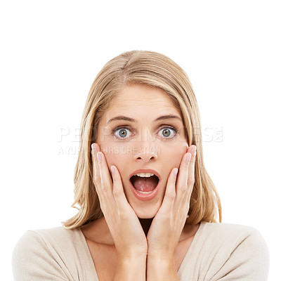 Buy stock photo Portrait, news and surprise with woman, announcement and reaction isolated on white studio background. Face, person or model with wow, shocked and facial with emotion, feedback or expression with omg