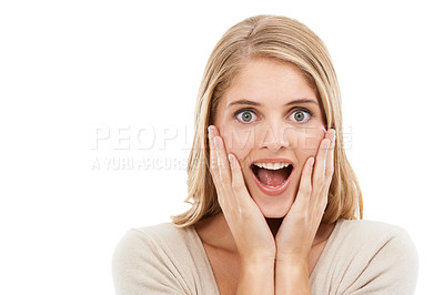 Buy stock photo Portrait, smile and surprise with woman, news and reaction isolated on a white studio background. Face, person and model with wow, shocked and facial with emotion, excited and expression with omg