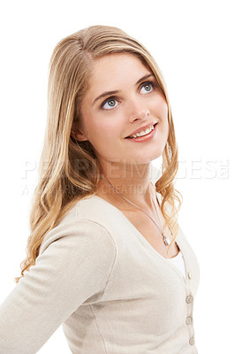 Buy stock photo Woman, thinking and smile in studio for ideas, planning insight and daydream of future on white background. Happy model brainstorming to imagine inspiration, remember memory and wondering of optimism
