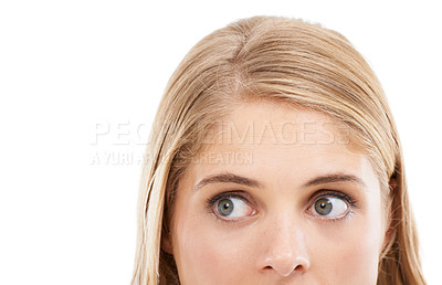 Buy stock photo Half face, thinking and woman with question, solution or decision isolated on a white studio background mockup. Closeup, eyes and person with idea, remember memory and dream of planning future vision