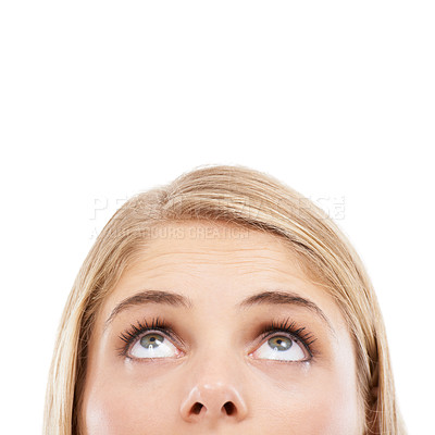 Buy stock photo Thinking, eyes and woman in studio looking up at mockup for brainstorming on white background. Face, curious model and ideas for solution, problem solving or space for presentation, choice and vision