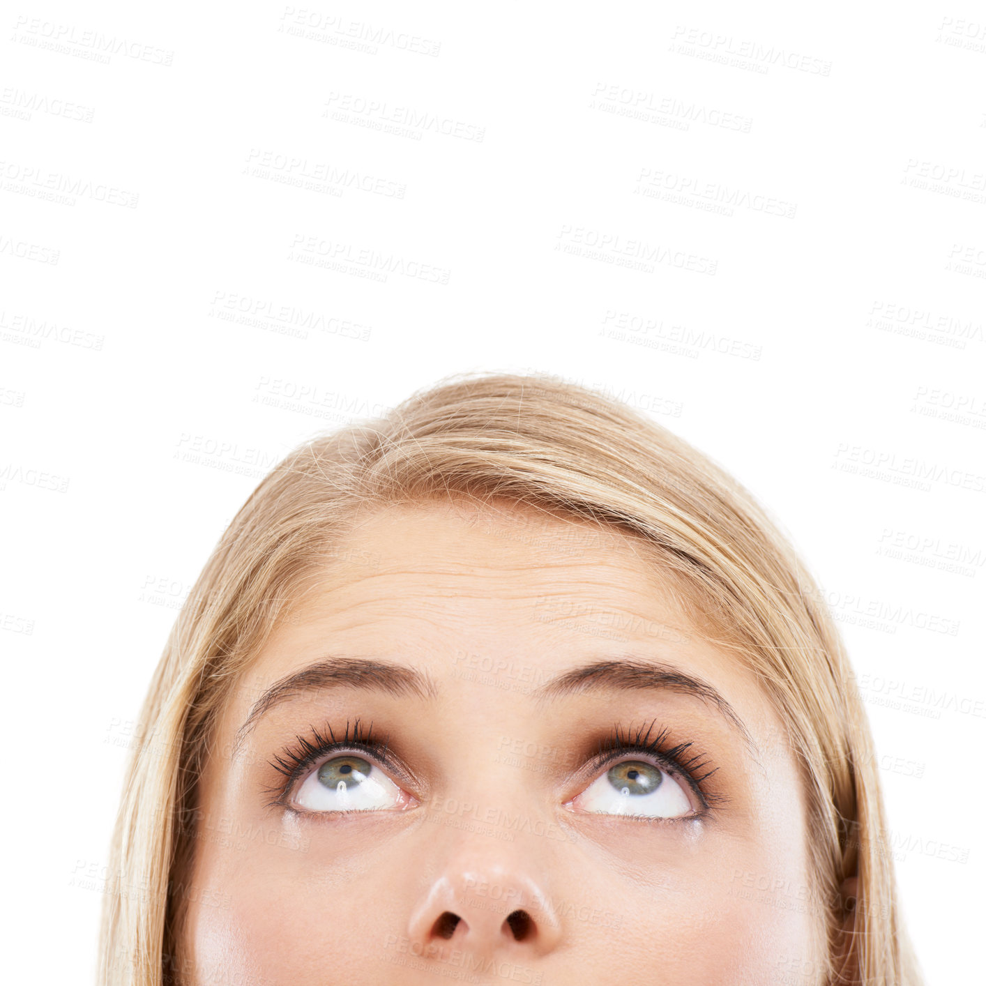 Buy stock photo Thinking, eyes and woman in studio looking up at mockup for brainstorming on white background. Face, curious model and ideas for solution, problem solving or space for presentation, choice and vision