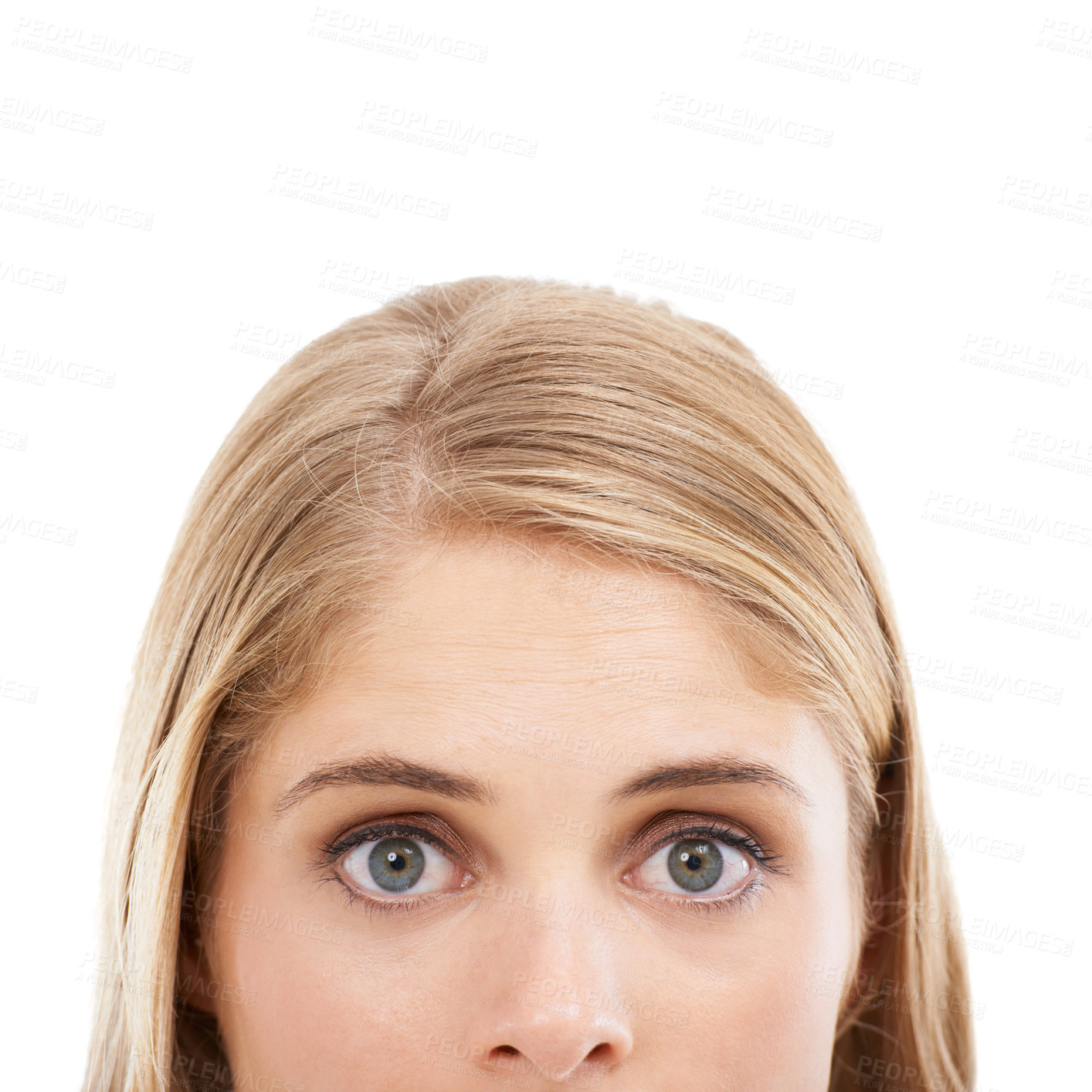 Buy stock photo Closeup, portrait and surprise with woman, eyes and announcement isolated on a white studio background. Face, person and expression with gossip, review and feedback with news, facial and mockup space