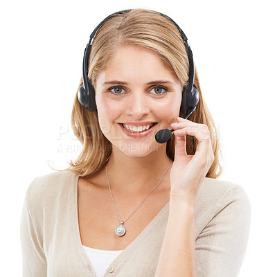 Buy stock photo Studio portrait of an attractive young woman talking on a headset isolated on white